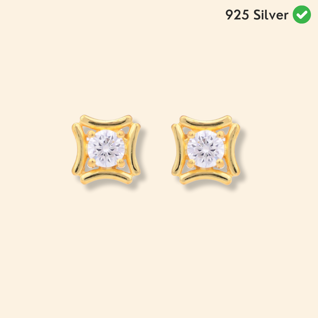 White Solitaire Earring Studs| 925 Silver| Gold Plated - From Purl