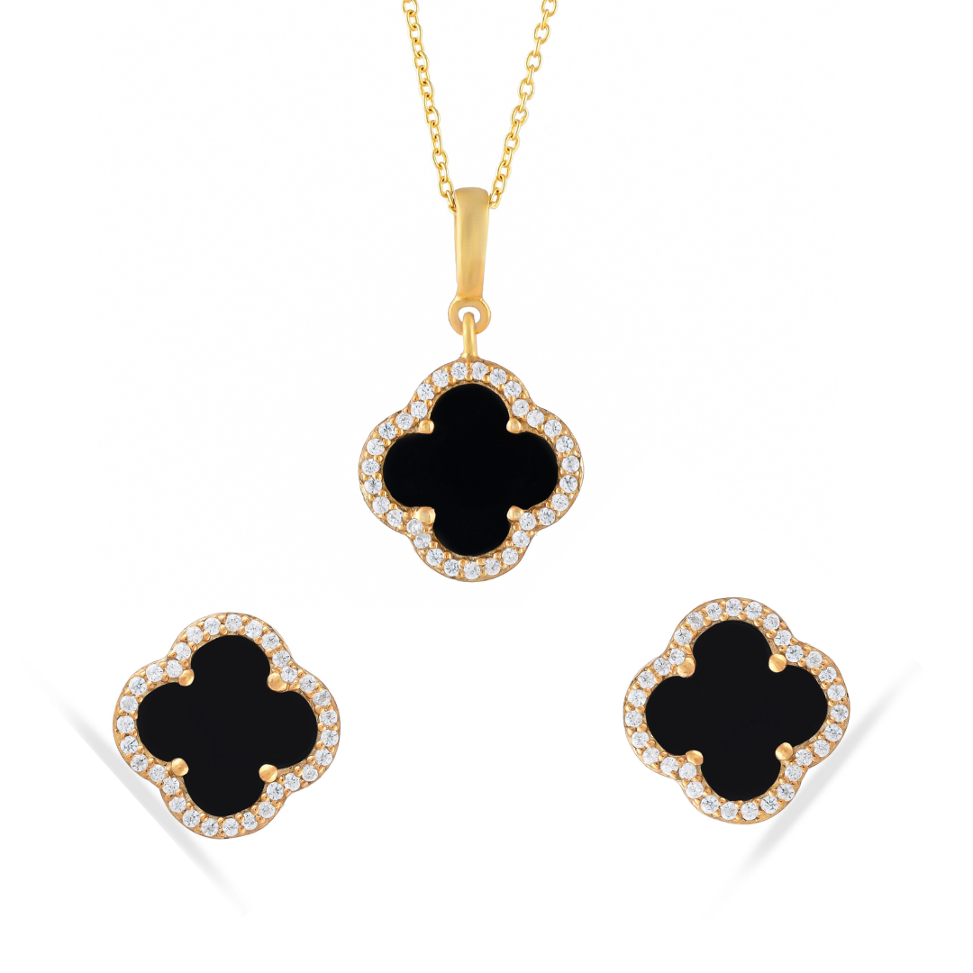 Natural Black Onyx Silver Clover Set