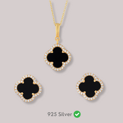 Natural Black Onyx Silver Clover Set