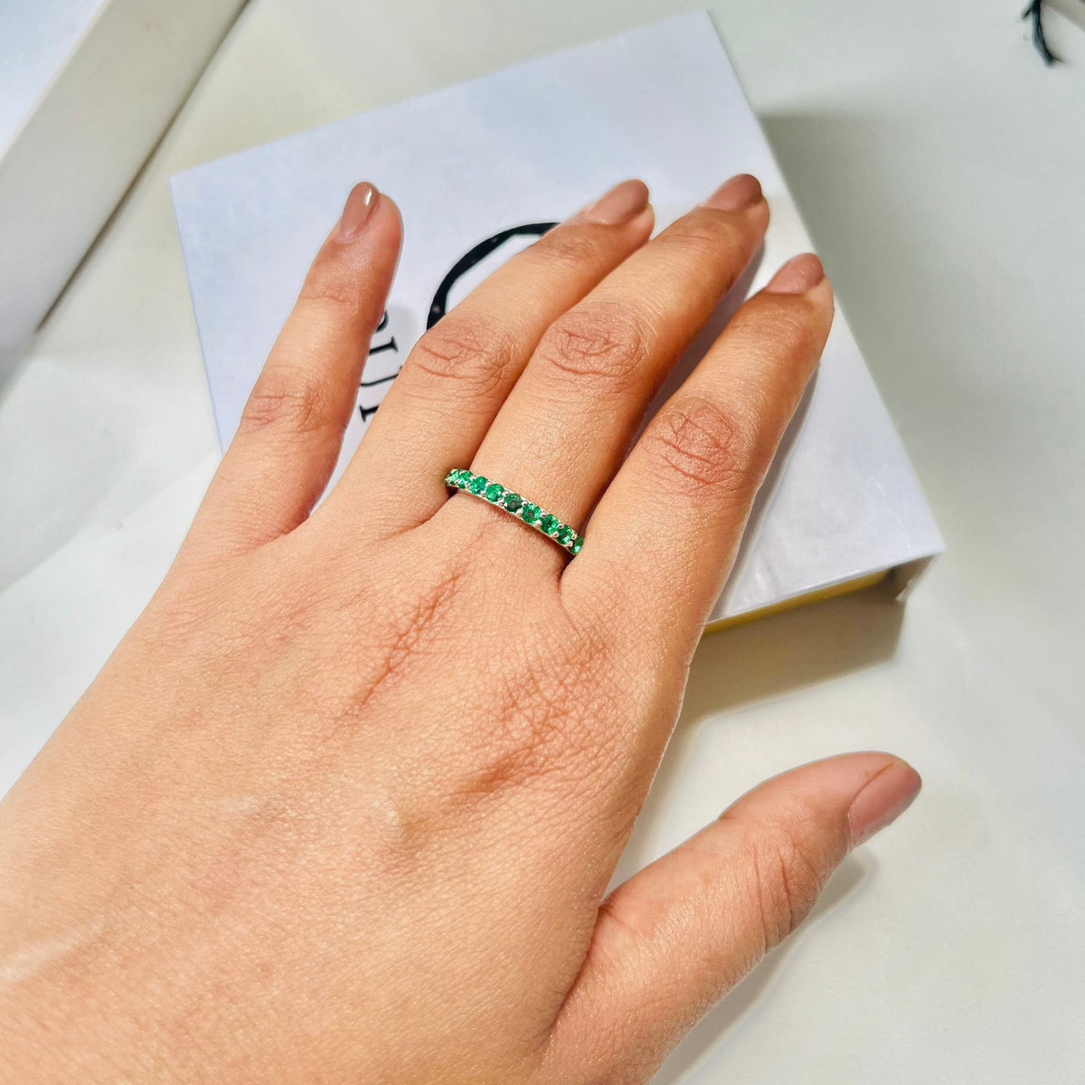 Green Cz Silver Band Ring - From Purl