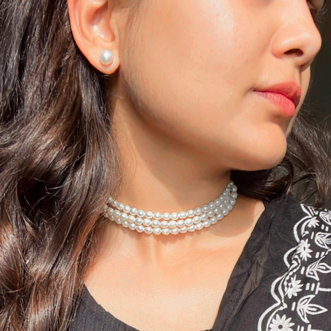 Three layer Natural White Pearl Choker Necklace | 925 Silver - From Purl Purl Jewelry