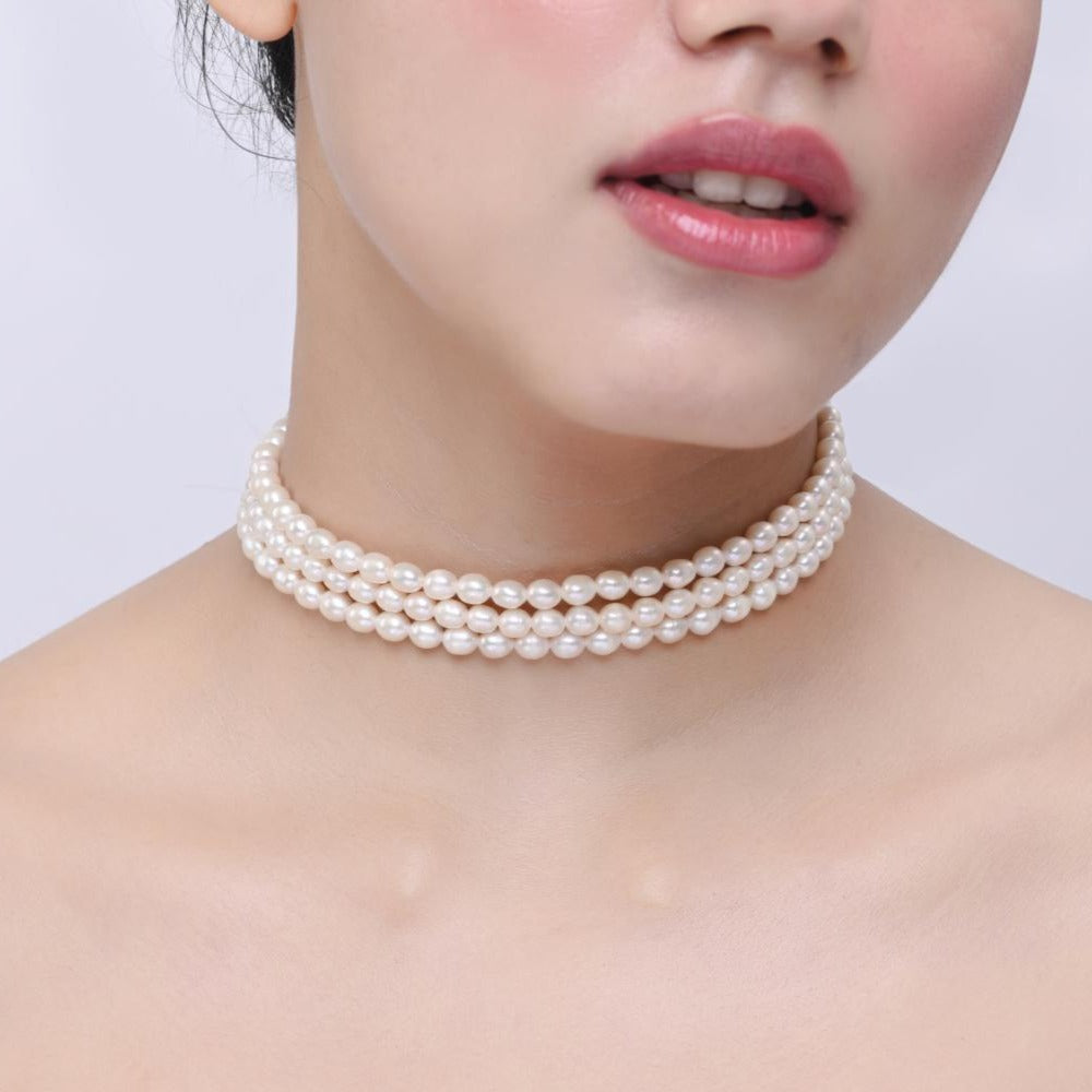 Three layer Natural White Pearl Choker Necklace | 925 Silver - From Purl Purl Jewelry
