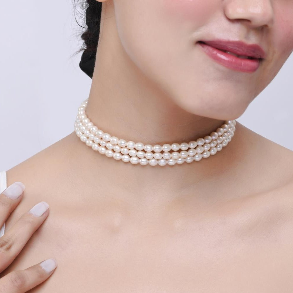 Three layer Natural White Pearl Choker Necklace | 925 Silver - From Purl Purl Jewelry